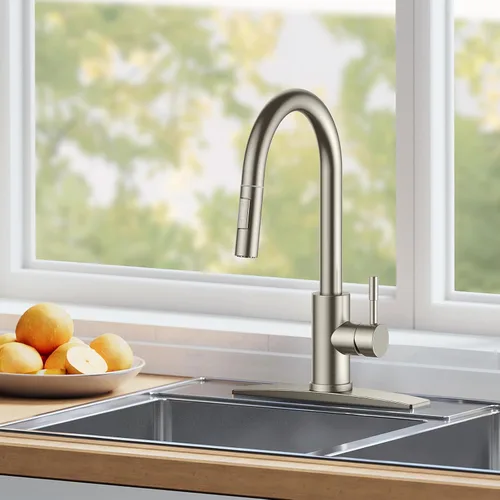 Miniatura 8 de FORIOUS Grifo de cocina con rociador desplegable, níquel cepillado, arco alto, moderno, clásico, grifo de fregadero de acero inoxidable con placa