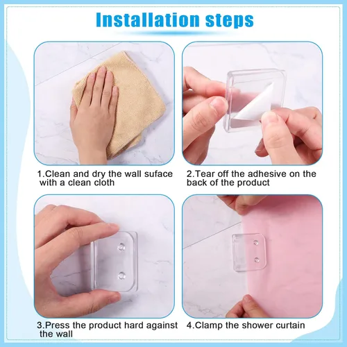 Miniatura 5 de Yalikop 8 clips para cortina de ducha, soporte protector contra salpicaduras, adhesivo transparente, resistente al viento, clips para mantener