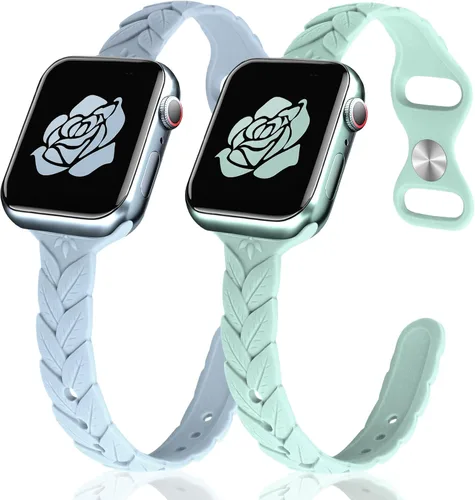 Miniatura 20 de JR.DM - Paquete de 2 bandas de silicona grabadas compatibles con Apple Watch de 38/40/41/42/44/45/46/49 mm, correa delgada y femenina de hoja