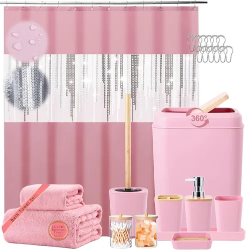 Miniatura 45 de Juego de accesorios de baño rosa con cortina de ducha y alfombras con purpurina, juegos de baño con alfombras de baño extrasuaves y absorbentes