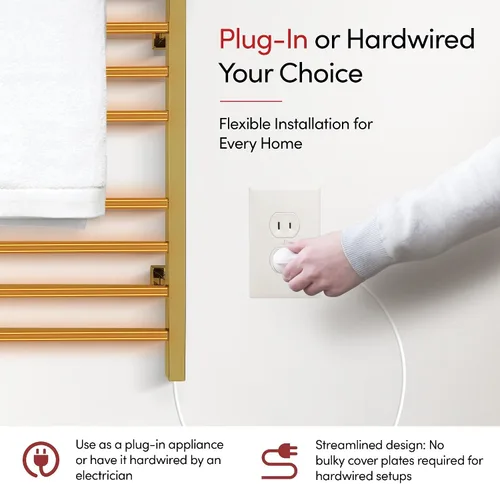 Miniatura 12 de WarmlyYours Toallero térmico para baño, calentador eléctrico de toallas y secadora de oro pulido, montado en la pared, enchufe o cableado de 120 V