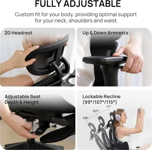 Miniatura 6 de CabLady S1 Petite Silla ergonómica de escritorio para el hogar con reposapiés y reposacabezas, soporte lumbar fijo de respaldo alto con almohada
