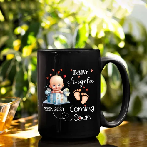 Miniatura 3 de Baby Coming Soon - Taza de café negra de 11 onzas y 15 onzas, taza de café personalizada para papá con nombre, taza de café de cerámica con anuncio