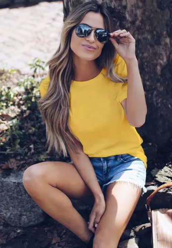 Miniatura 3 de LOVFEE Camisetas básicas de algodón con cuello redondo y manga corta para mujer