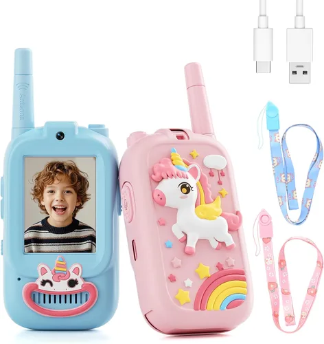 Miniatura 9 de Walkie Talkies de video para niños, paquete de 2 walkie talkies para niños con bonita cubierta de silicona, cambiador de voz, rango de 1000 pies