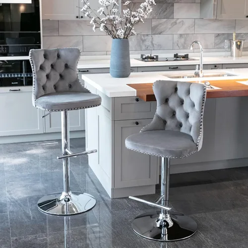 Miniatura 26 de Taburete de bar giratorio ajustable de altura de mostrador, silla de bar tapizada de terciopelo dorado con base cromada con respaldo acolchonado