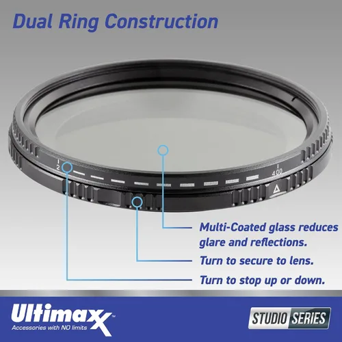 Miniatura 4 de Ultimaxx Kit completo de accesorios de filtro de lente de 3.031 in para lentes con 3.031 in Tamaño del filtro: filtro de densidad neutra variable
