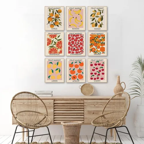 Miniatura 3 de Juego de 9 impresiones de arte de pared de mercado de frutas, pósteres coloridos abstractos, impresiones de mercado de frutas limón naranja plátano