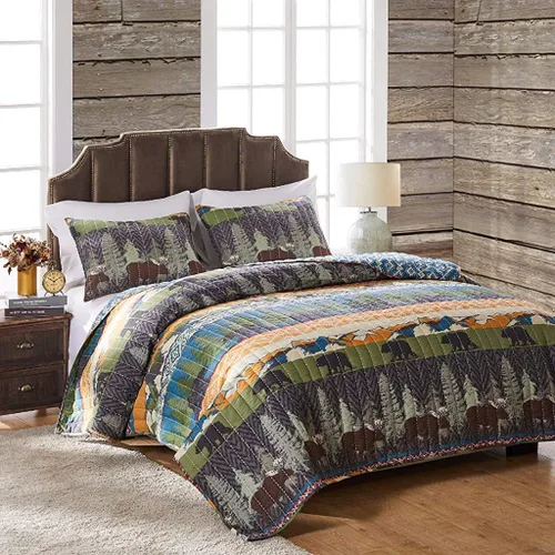 Miniatura 8 de Greenland Home juego de edredón con diseño de pinos y osos, negro, Algodón, Multicolor, gemelo