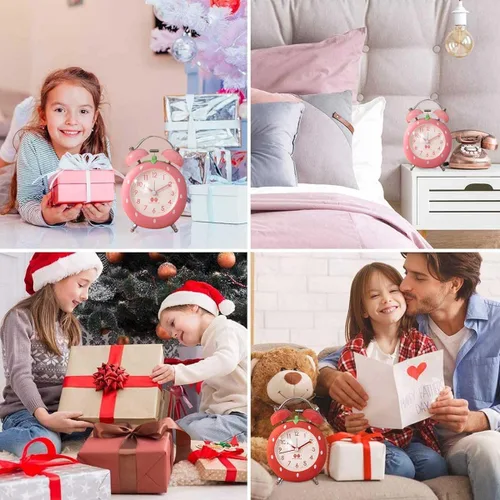 Miniatura 7 de Bonito reloj despertador de fresa de 4 pulgadas para personas que duermen con luz de fondo, reloj despertador de campana doble ruidosa para niños