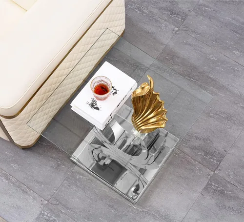Miniatura 73 de Mesa de centro de cristal de lujo, mesa de centro de sofá de 47 pulgadas con marco de acero inoxidable dorado y parte superior de vidrio negro, mesa