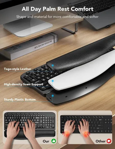Miniatura 3 de Combo de teclado y mouse inalámbricos – Tecla de onda ergonómica, reposa muñecas de cuero suave incorporado, 2.4G de tamaño completo, 8 teclas