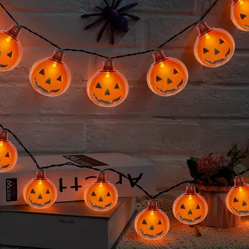 Luces LED de calabaza de Halloween para exteriores, 8.5 pies, luces decorativas de Halloween con 10 luces LED transparentes de calabaza naranja