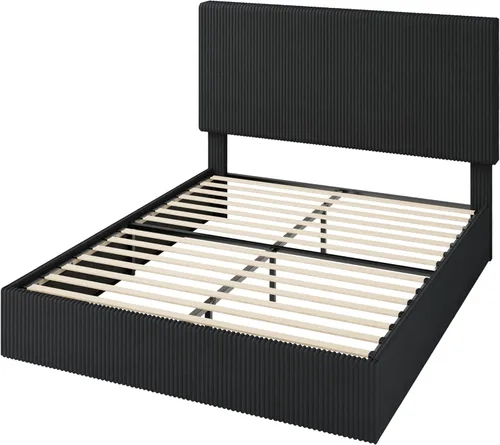 Miniatura 9 de Allewie Base de cama matrimonial, cama tapizada, cabecera capitoné de canal vertical ajustable, tela de pana, perfil bajo moderno, listones