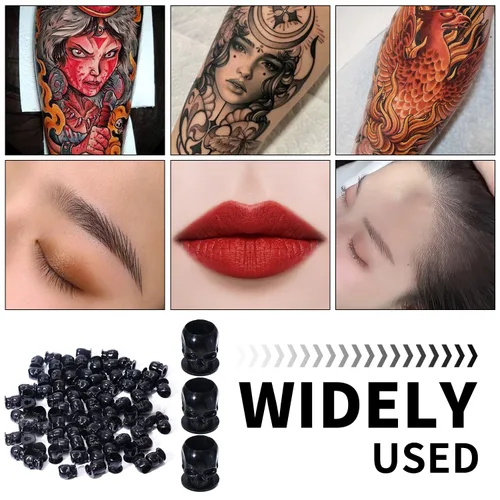 Miniatura 5 de Tapas de tinta de tatuaje, vasos desechables de tinta de tatuaje de calavera, 200 unidades, tapas de tinta de plástico para tatuajes, maquillaje