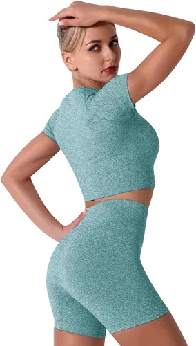 Miniatura 2 de Conjuntos de 2 piezas sin costuras para yoga y entrenamiento - con ombliguera de manga corta y pantalones cortos de tiro alto para correr