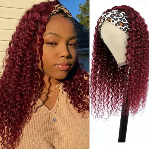 Miniatura 27 de Peluca de cabello humano con diadema para mujer, cabello corto y rizado, peluca de onda profunda, 12 pulgadas, color natural Peluca con diadema