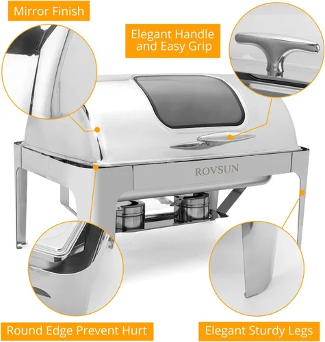 Miniatura 6 de ROVSUN Juego de 3 platos de bufé con tapa enrollable, 9 cuartos de galón de acero inoxidable NSF rectangular para catering, servidores de bufé
