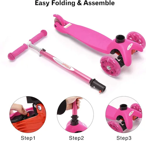 Miniatura 7 de ChromeWheels Mini Scooter para Niños Pequeños, Scooters Deluxe de 3 Ruedas para Niños, 4 Alturas Ajustables con Scooters de Patada, Rosa