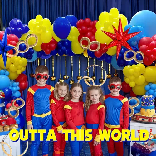 Miniatura 3 de KOZEE Kit de arco de guirnalda de globos rojos, azules y amarillos, 140 unidades, color primario con globos de estrella para caricaturas, carnaval