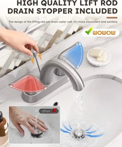 Miniatura 4 de WOWOW Grifo de Baño de 2 Manijas de 4 Pulgadas Centerset para Lavabo de Baño, Grifo Mezclador de Lavabo Sin Plomo con Tapón de Drenaje de Varilla A.