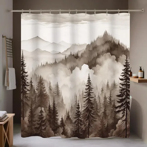 Miniatura 17 de Cortina de ducha pequeña de 36 x 72 pulgadas, cortina de medio tamaño de bosque brumoso, cortina de ducha estrecha mitad negra y blanca de montaña
