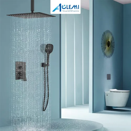 Miniatura 8 de Aolemi Sistema de ducha de montaje en techo de 16 pulgadas, cabezal de ducha de lluvia negro mate con 3 funciones, rociador de mano ABS para baño