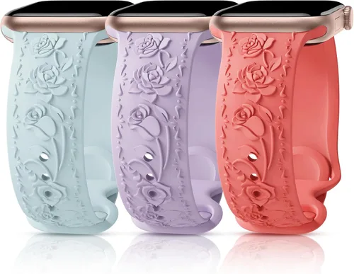 Miniatura 14 de 3 Packs Floral Engraved Bands Compatible with Apple Watch Band 40mm 41mm 38mm 42mm 44mm 45mm 49mm for Women, Silicone Cute Embossed Rose Apple Watch