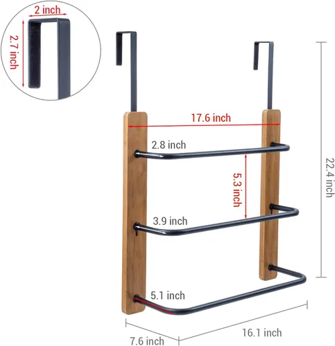 Miniatura 6 de MyGift Toallero para colgar sobre la puerta del baño, organizador rústico de almacenamiento de toallas de madera maciza quemada, barra de toalla