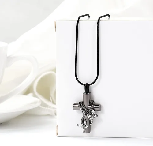 Miniatura 2 de Collares de urna para cenizas, joyería de cremación de mariposa para cenizas para cruz humana con mariposa de cristal, colgante de ceniza, recuerdo