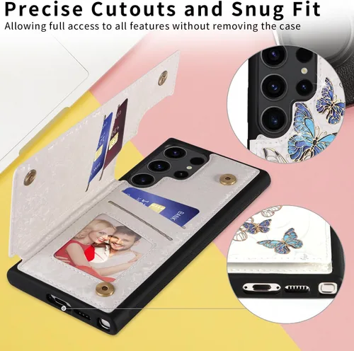 Miniatura 7 de UEEBAI Funda tipo cartera para Samsung Galaxy S23 Ultra con tarjeteros, funda de piel sintética, función atril, bloqueo RFID, doble cierre Mariposa