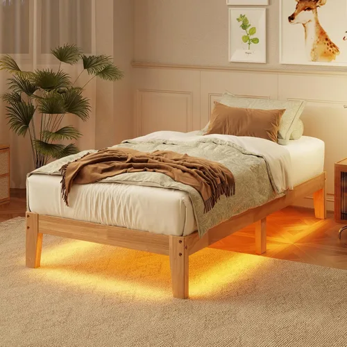 Cama de plataforma de madera maciza de tamaño individual con luz LED, diseño sin ruido con soporte de listones de metal y madera, no necesita
