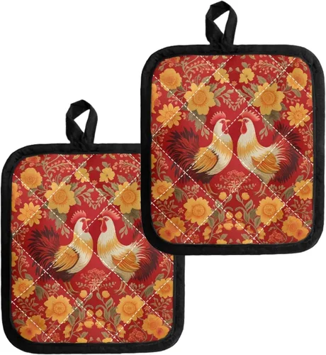 Miniatura 6 de Juego de soportes para macetas de flores rojas de pollo blanco y negro, resistentes al calor, almohadillas calientes para horno, antideslizantes