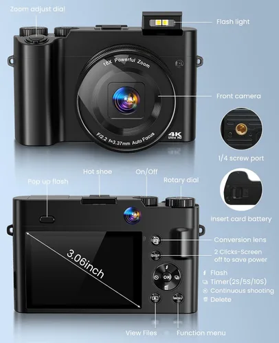 Miniatura 9 de Cámara Digital 4K para Fotografía con Enfoque Automático, Cámara de Vlogging de Doble Lente de 64MP para Video Anti-Vibración, Cámaras de Viaje