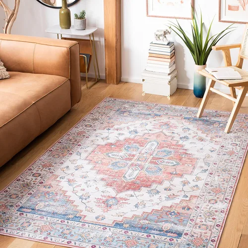 Miniatura 13 de SAFAVIEH Alfombra lavable Tucson Collection - 2 pies 6 pulgadas x 4 pies, beige y azul, antideslizante, ideal para zonas de alto tráfico en entrada