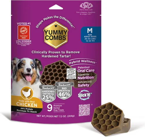 Miniatura 15 de Yummy Combs Golosinas dentales para perros, aprobadas por veterinarios VOHC, deliciosa proteína de pollo, elimina el sarro con forma de peine