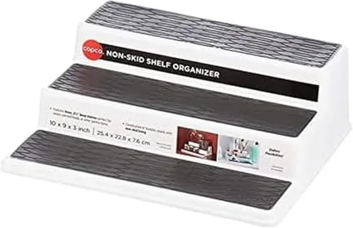 Copco Organizador de especias de 3 niveles para armario o despensa, estante escalonado antideslizante de 10 pulgadas, diseño blanco/gris que