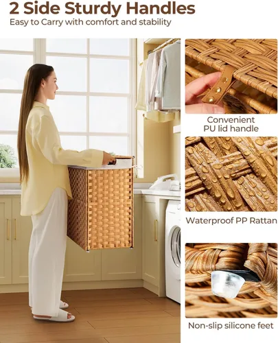 Miniatura 4 de GREENSTELL - Cesta para la ropa con tapa, 130 l, sin necesidad de instalación, cestos de mimbre plegables con 2 bolsas extraíbles, cesto