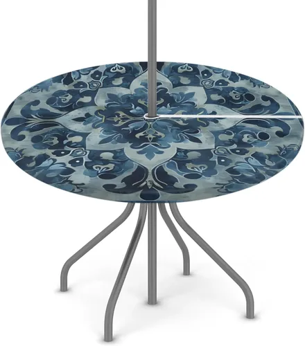 Miniatura 18 de Pardick Mantel redondo azul para exteriores con agujero para paraguas, decoración patriótica, mantel ajustable para mesa de patio, mantel
