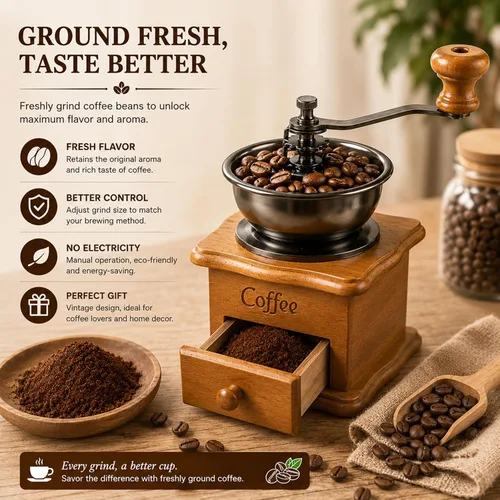 Miniatura 9 de Molinillo de café manual de madera vintage, molinillo de manivela decorativo retro con rebabas de cerámica, molinillo de granos de café antiguo