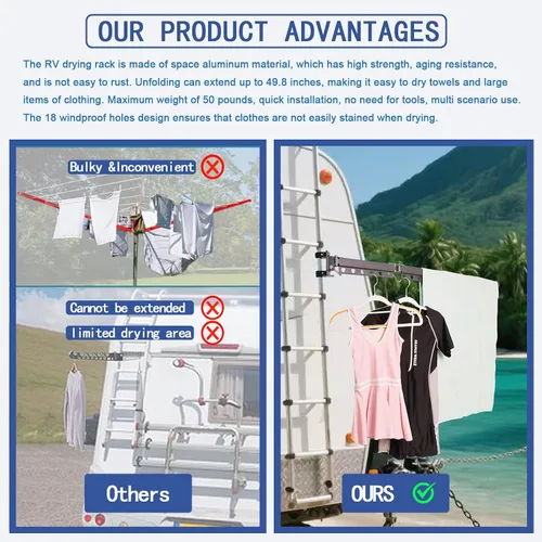 Miniatura 6 de Tendedero de ropa para caravana mejorado, colgador telescópico de lavandería trapezoidal de 50 pulgadas, aluminio de aviación, plegable y resistente