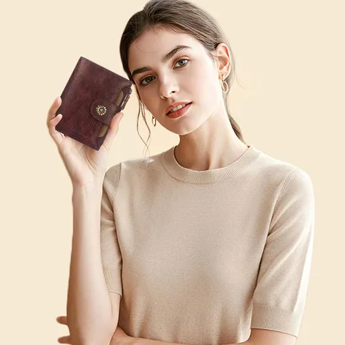 Miniatura 2 de Cartera de cuero con doble pliegue para mujer, bloqueo RFID, tarjetero compacto, cartera pequeña con ventana para identificación extraíble, Retro