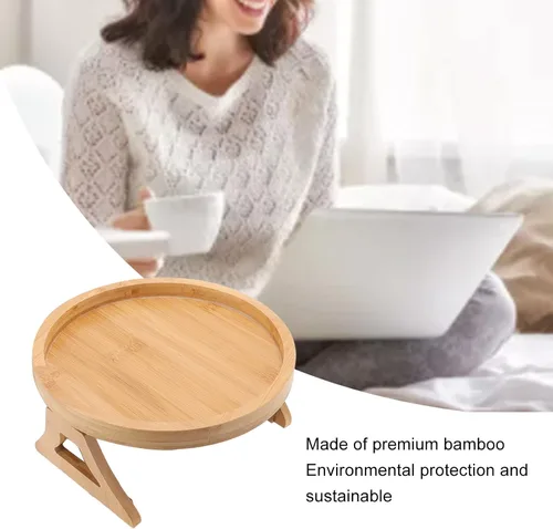 Miniatura 5 de Bandeja de aperitivos para sofá, textura de madera, bandeja para reposabrazos de sofá, mesa de brazo plegable con clip para aperitivos de café y té