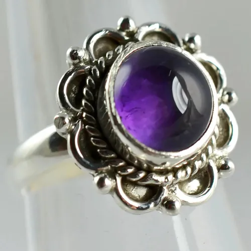 Miniatura 6 de Navya Craft Anillo de amatista, plata de ley 925, anillo de promesa para mujer, piedra preciosa redonda de amatista natural, joyería hecha a mano