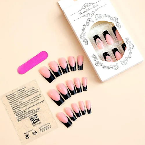 Miniatura 6 de 24 uñas postizas a presión de punta francesa negra, uñas postizas largas cuadradas, color rosa, cobertura completa, con diamantes de imitación, L1.