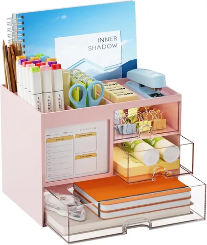 Miniatura 11 de Marbrasse Organizador de Escritorio con 3 Cajones, Soporte Multifuncional para Lápices y Bolígrafos para Escritorio, Organizador de Escritorio