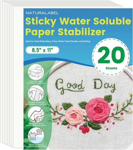 NATURALABEL 20 piezas de papel soluble en agua de 8.5 x 11 pulgadas para bordar, estabilizador adhesivo imprimible y lavado, para coser a mano y a
