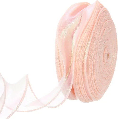 Miniatura 83 de MECCANIXITY - Cinta de organza con cable de 1 1/2" de ancho, brillante, transparente, con brillo irisado en tonos pastel, cinta de gasa para Beige