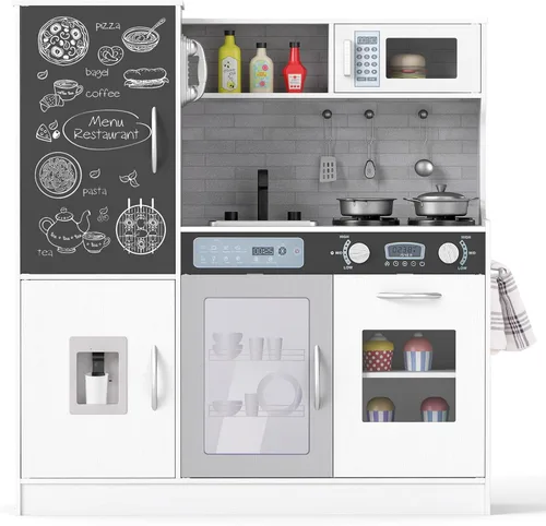 Miniatura 8 de Costzon Juego de cocina para niños, gran juego de juguetes de cocina de chef de madera con sonidos y luces reales, microondas, pizarra, horno