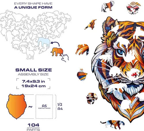 Miniatura 2 de UNIDRAGON Rompecabezas de madera originales, bonito tigre, 104 piezas, pequeño 7.4 x 9.3 pulgadas, hermoso paquete de regalo, forma única, el mejor
